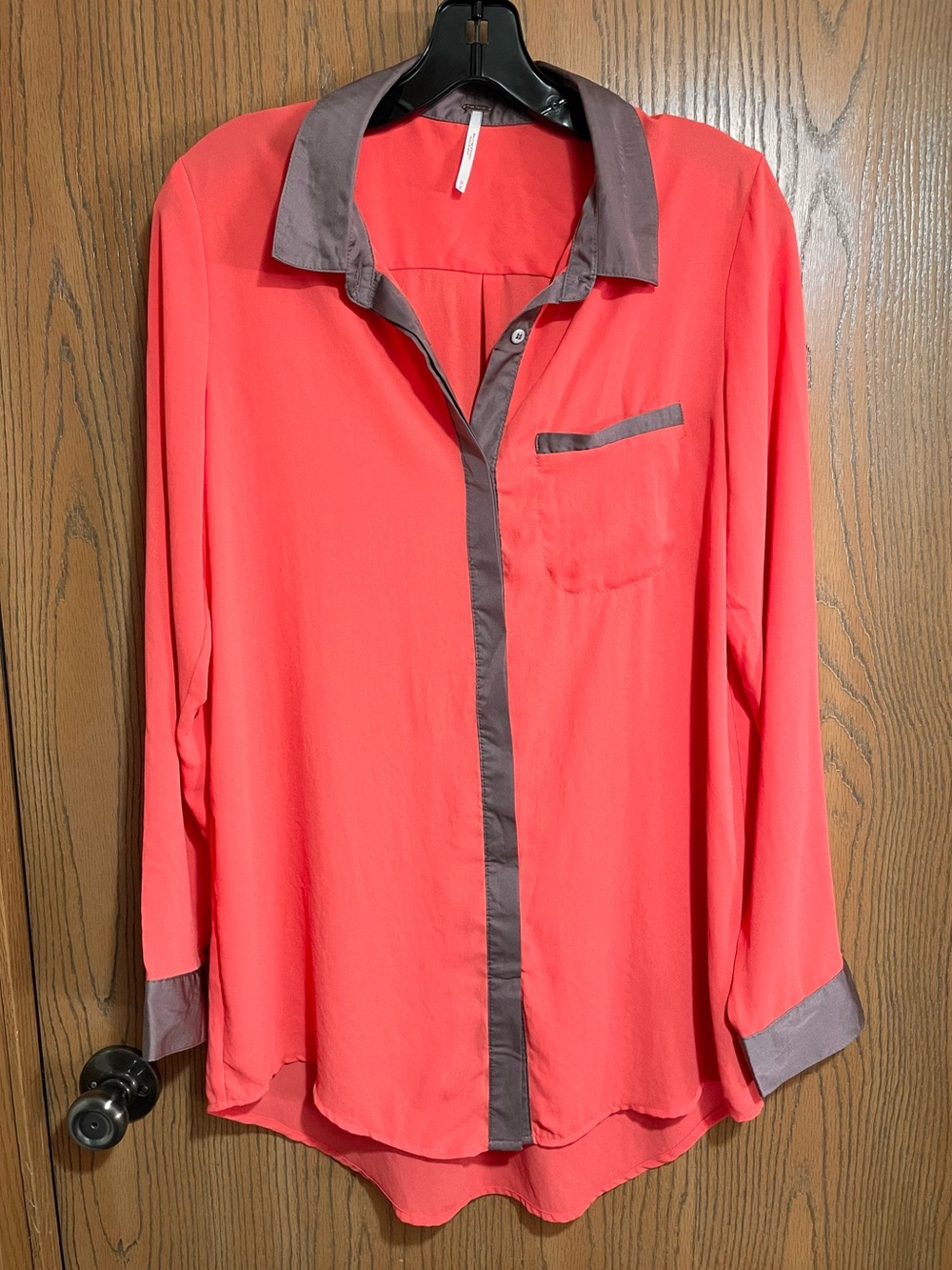 Free People Blouse in Coral Orange with Brown Trim